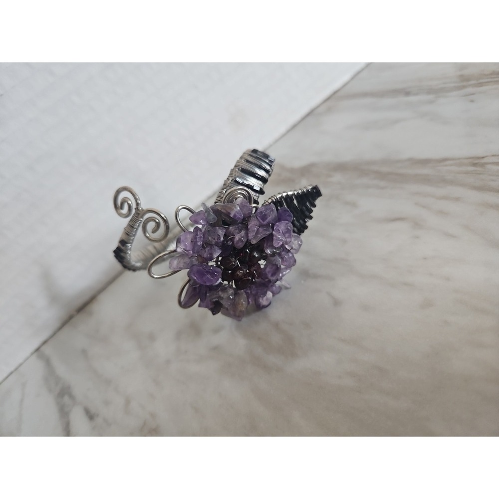 Handmade Amethyst Wire Wrapped Cuff Bracelet Flower Leave Beaded